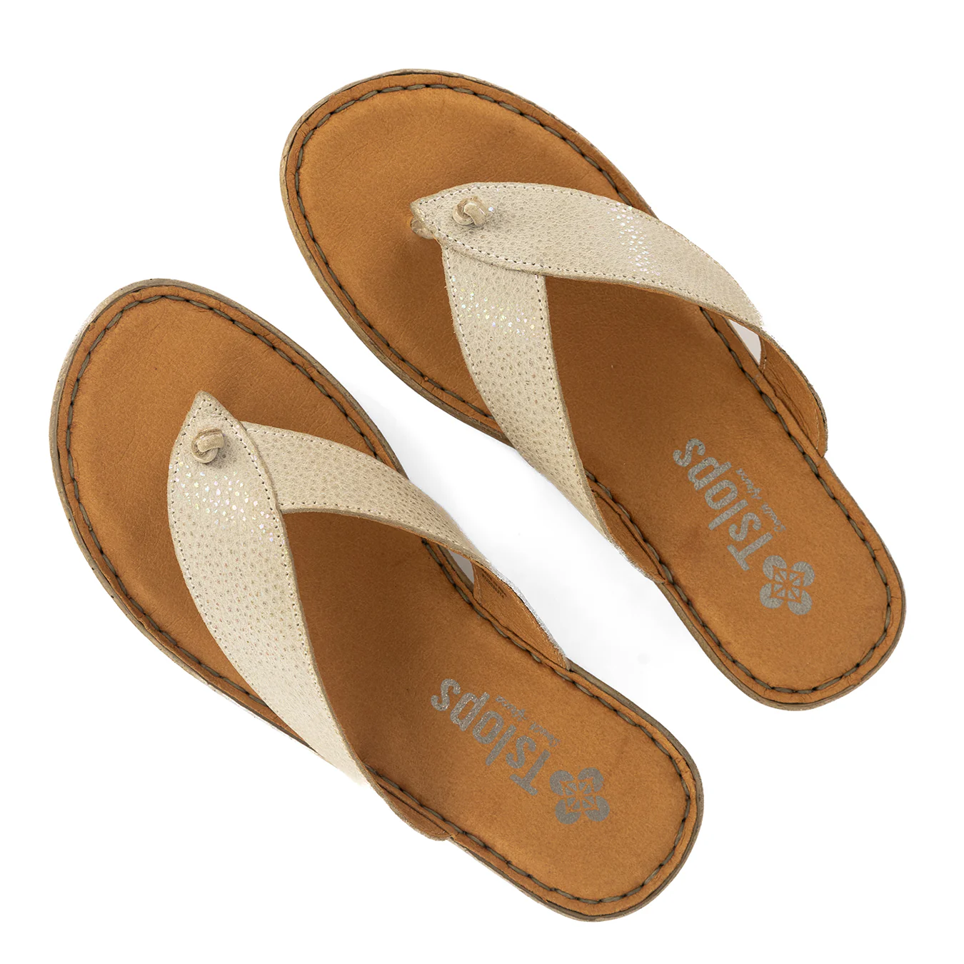 Isanya : Ladies Leather Tslops Wedge Heel Sandals in Stone Brillo - Image 5