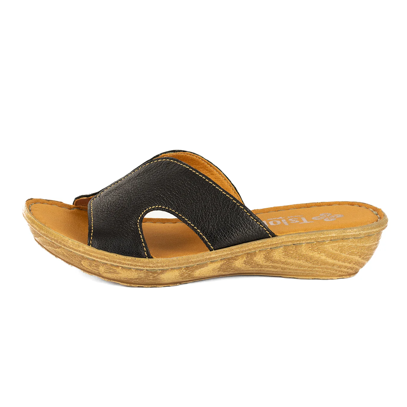Isibani : Ladies Leather Tslops Wedge Heel Sandals in Black Cayak - Image 4
