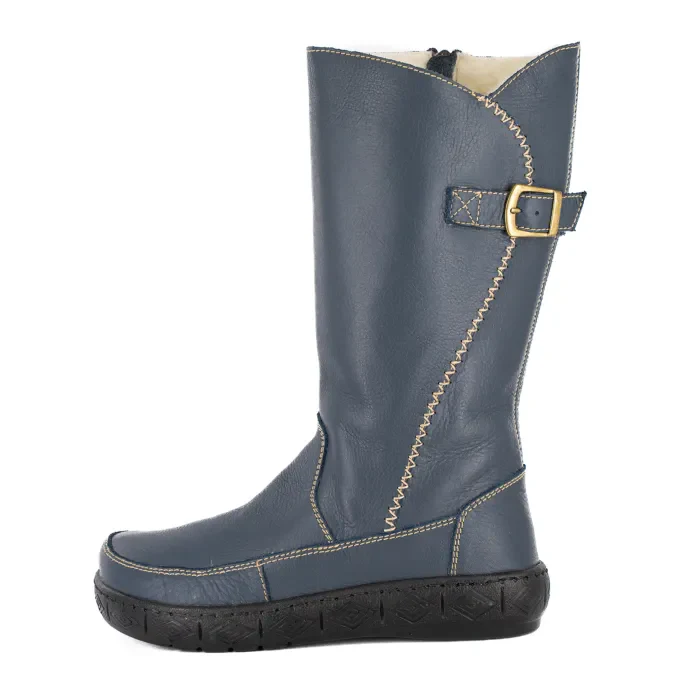 Maluju : Ladies 100% Wool-Lined Leather Mid-Calf Boot in Denim - Image 4