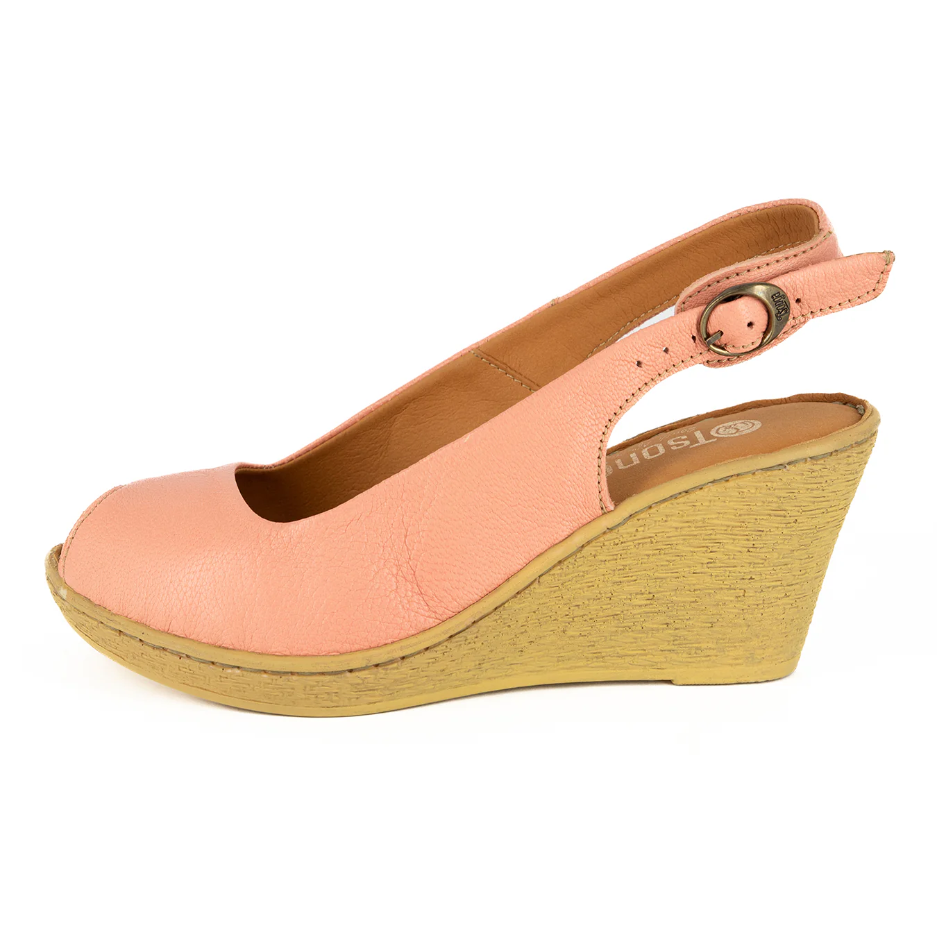 Zangemuva : Ladies Leather Peep-Toe High-Heel Wedge Sandal in Papaya - Image 3